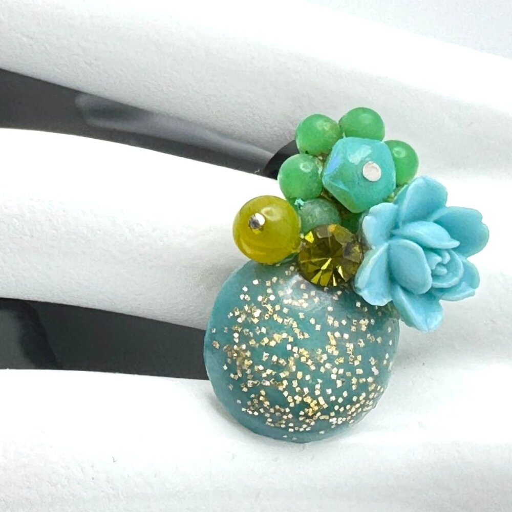 Joli Jewelry Handmade Ring  Flower Vtg Glass Crystal Beads Blue Green Size 7